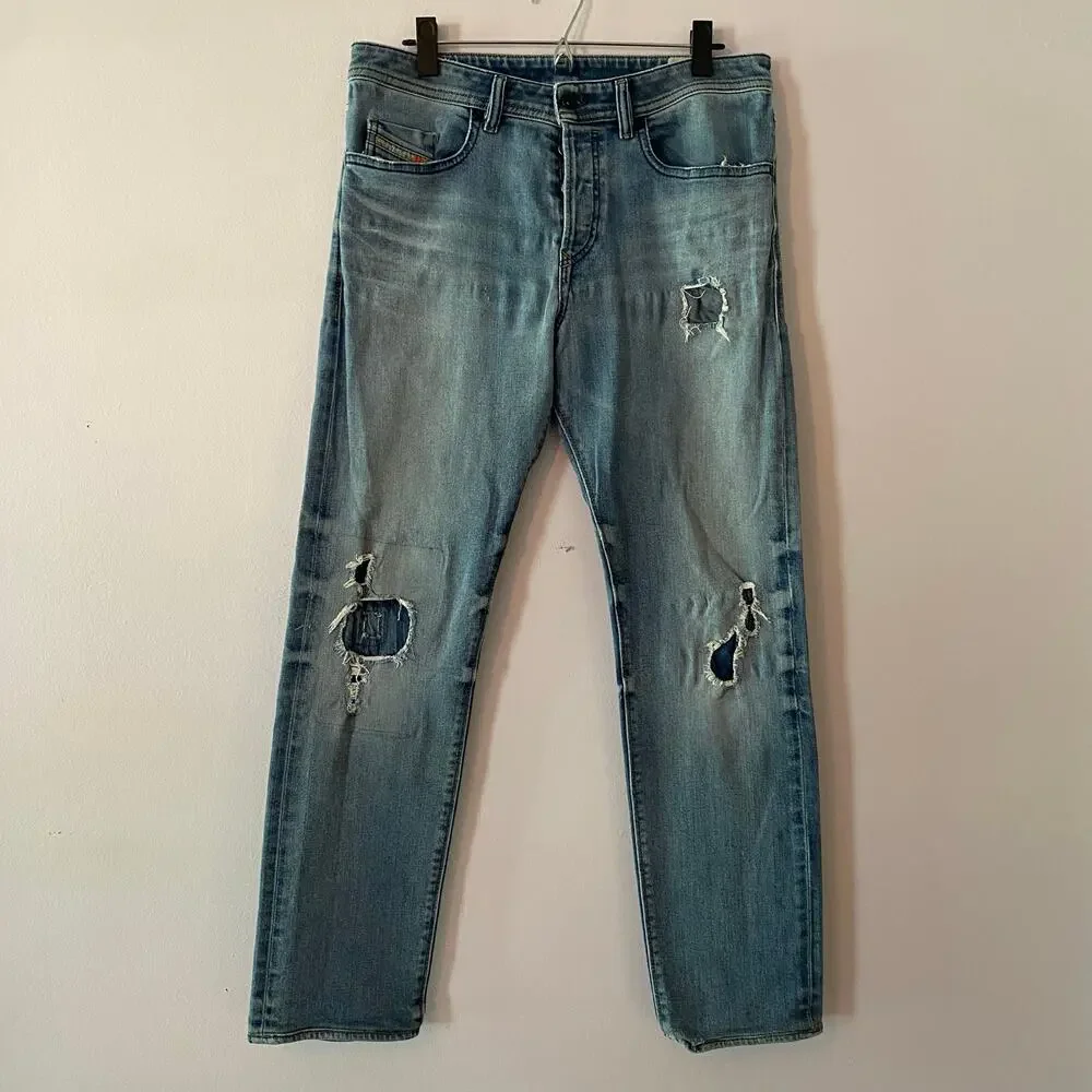 Diesel Buster Button Fly Light Wash Distressed Jeans Straight Men's size 33 x 32